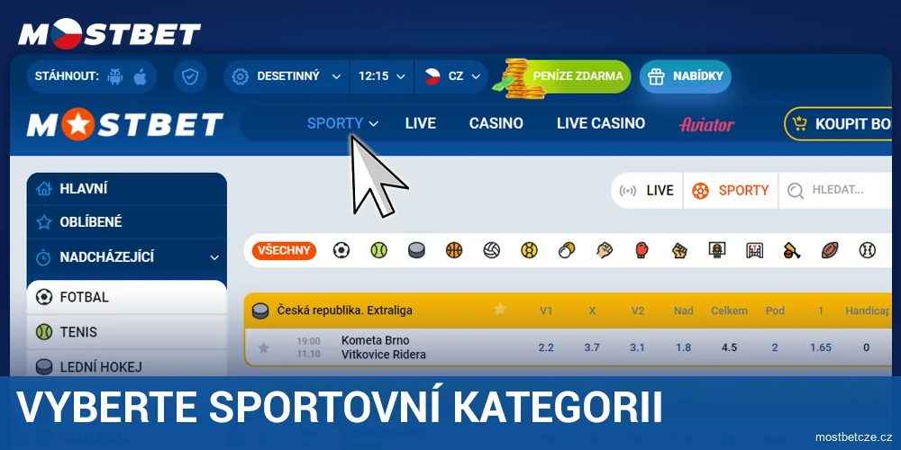 Vybrat sportovní kategorii na Mostbet CZ